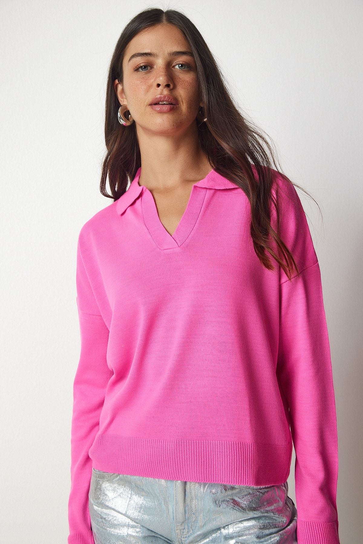 Fuşya Polo Yaka Basic Kazak bv00094
