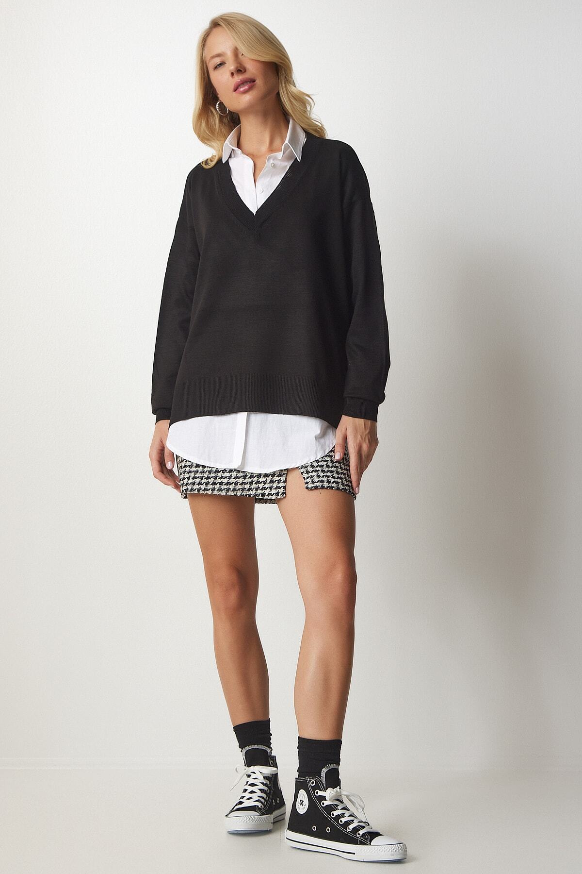 Siyah V Yaka Oversize Triko Kazak BV00082