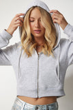 Gri Kapüşonlu Fermuarlı Crop Sweatshirt UB00136
