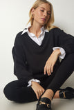 Siyah Gömlek Detaylı Örme Sweatshirt cr00414