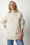 Bej Balıkçı Yaka Oversize Triko Kazak BV00084
