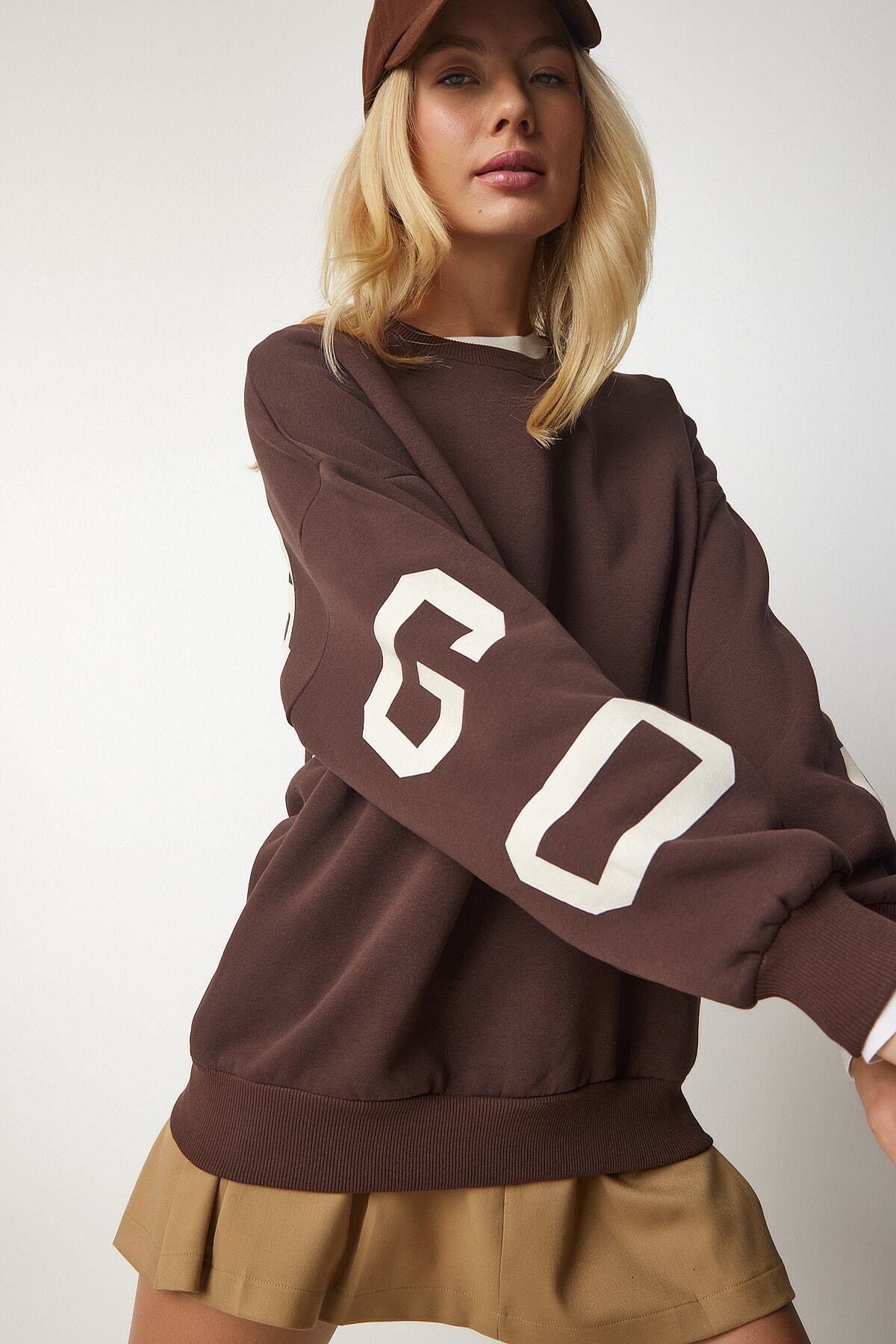 Kahverengi Baskılı Oversize Sweatshirt HF00440
