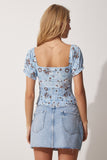 Gök Mavi Çiçekli Büzgü Yakalı Örme Crop Bluz HK00021