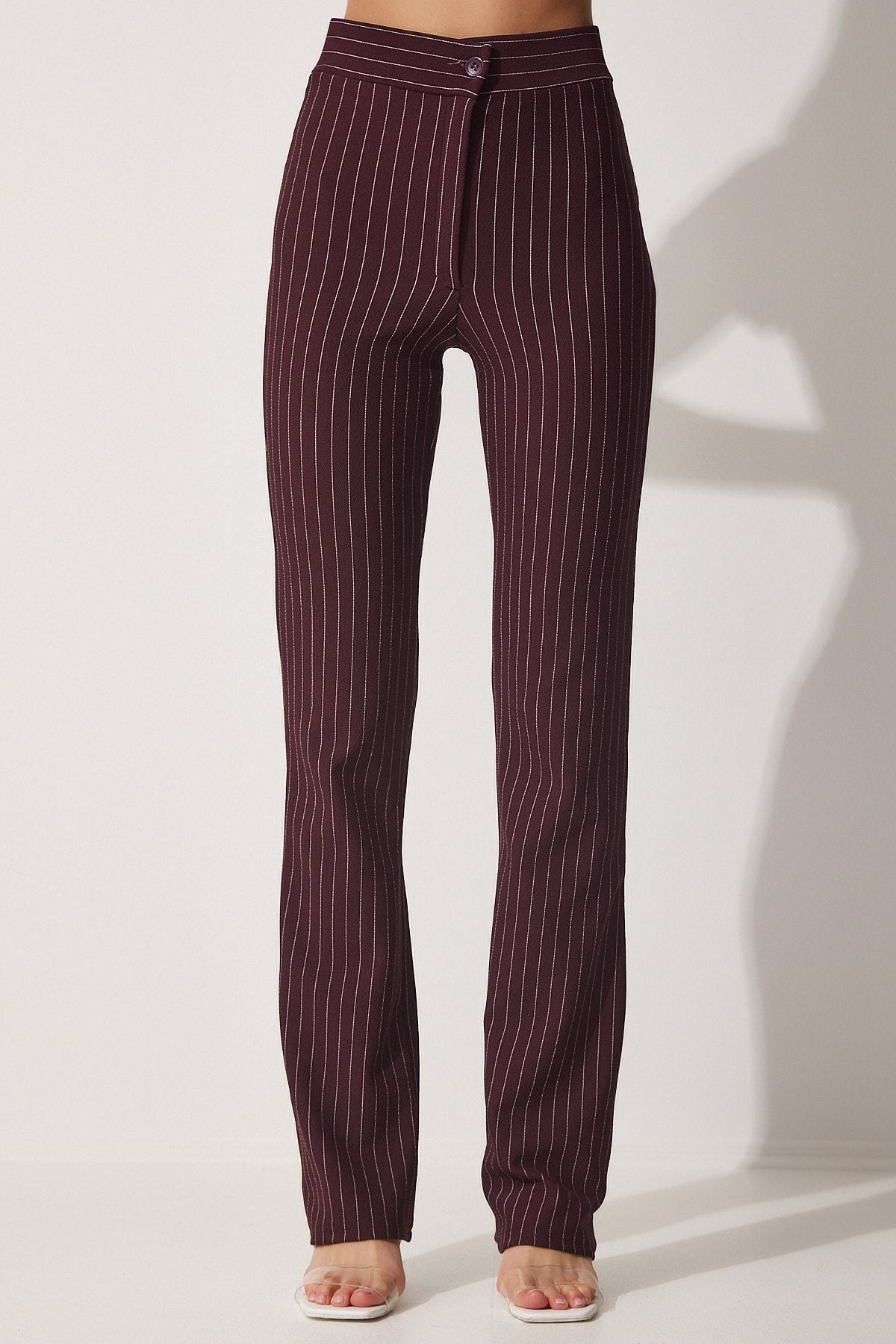 Bordo Yüksek Bel Çizgili Pantolon RV00094