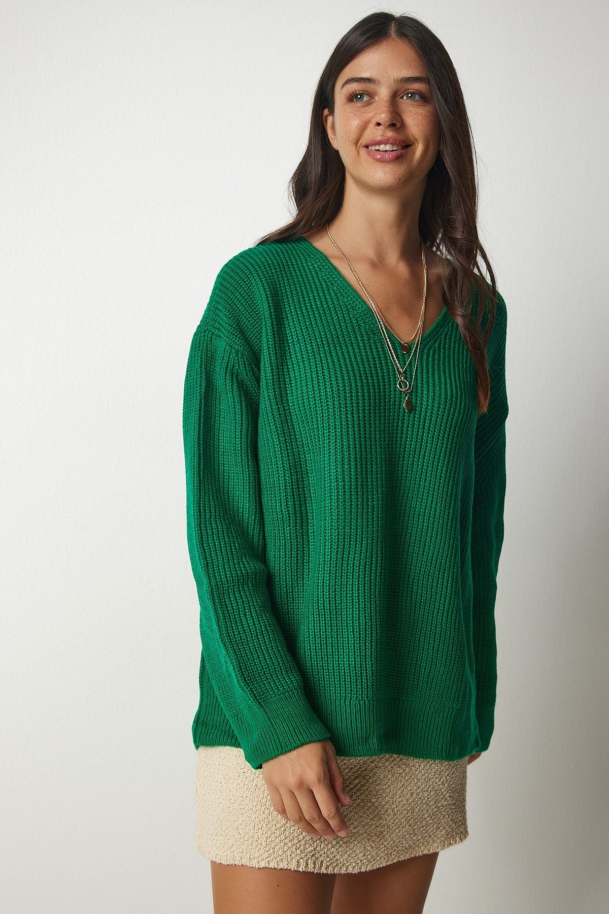 Koyu Yeşil V Yaka Oversize Basic Triko Kazak MX00130