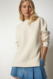 Krem Fermuar Detaylı Şardonlu Örme Sweatshirt UB00148