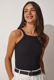 Siyah Fitilli Crop Halter Yaka Örme Atlet ZV00106