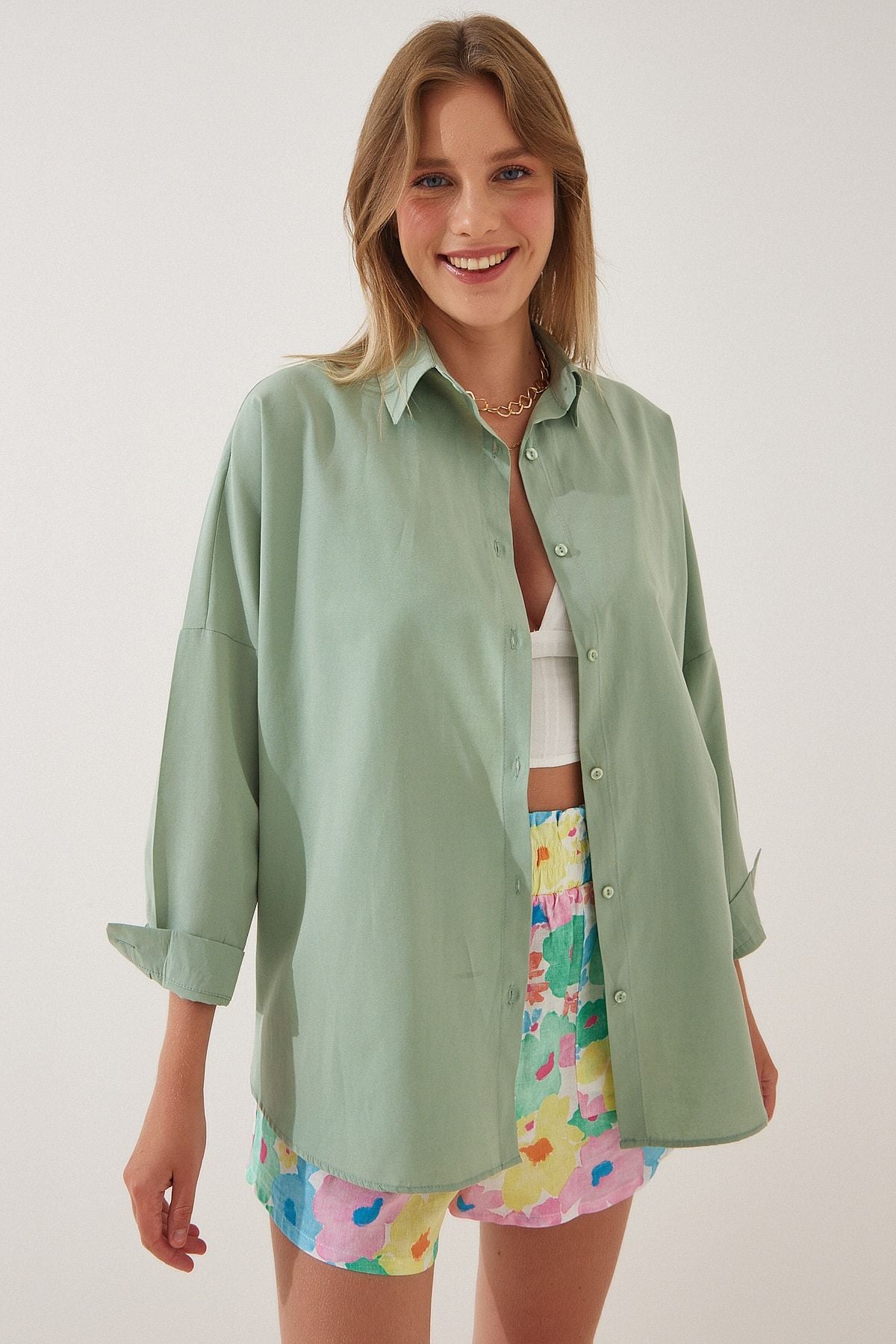 Açık Çağla Yeşili Oversize Uzun Basic Gömlek DD00842