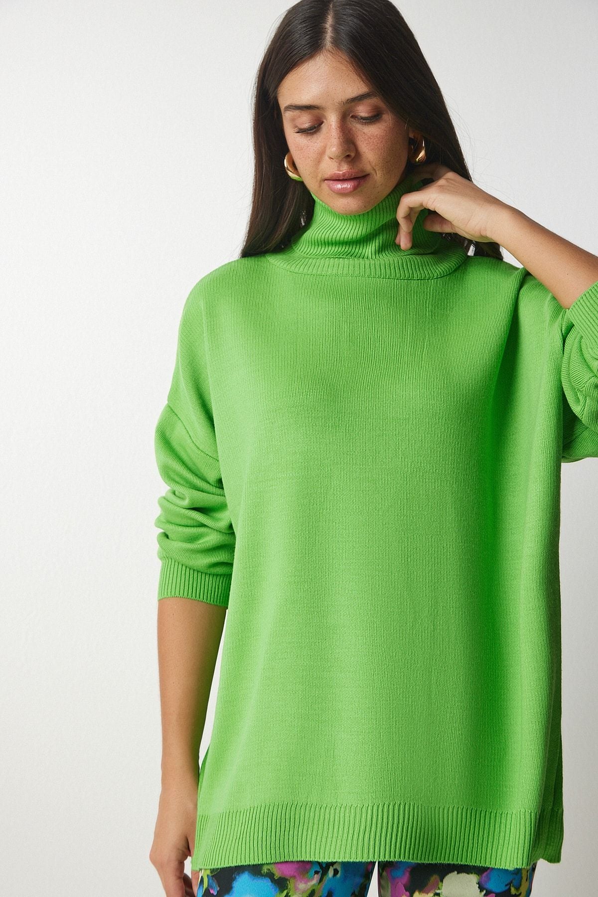 Açık Yeşil Balıkçı Yaka Oversize Triko Kazak BV00084