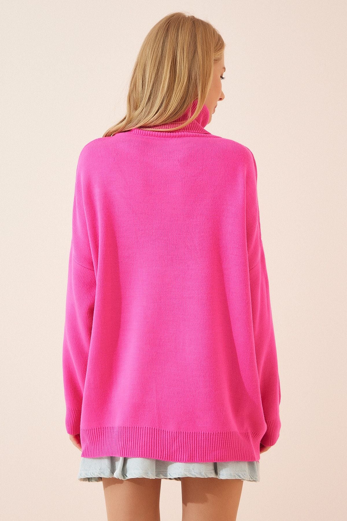 Pembe Balıkçı Yaka Oversize Triko Kazak YY00081