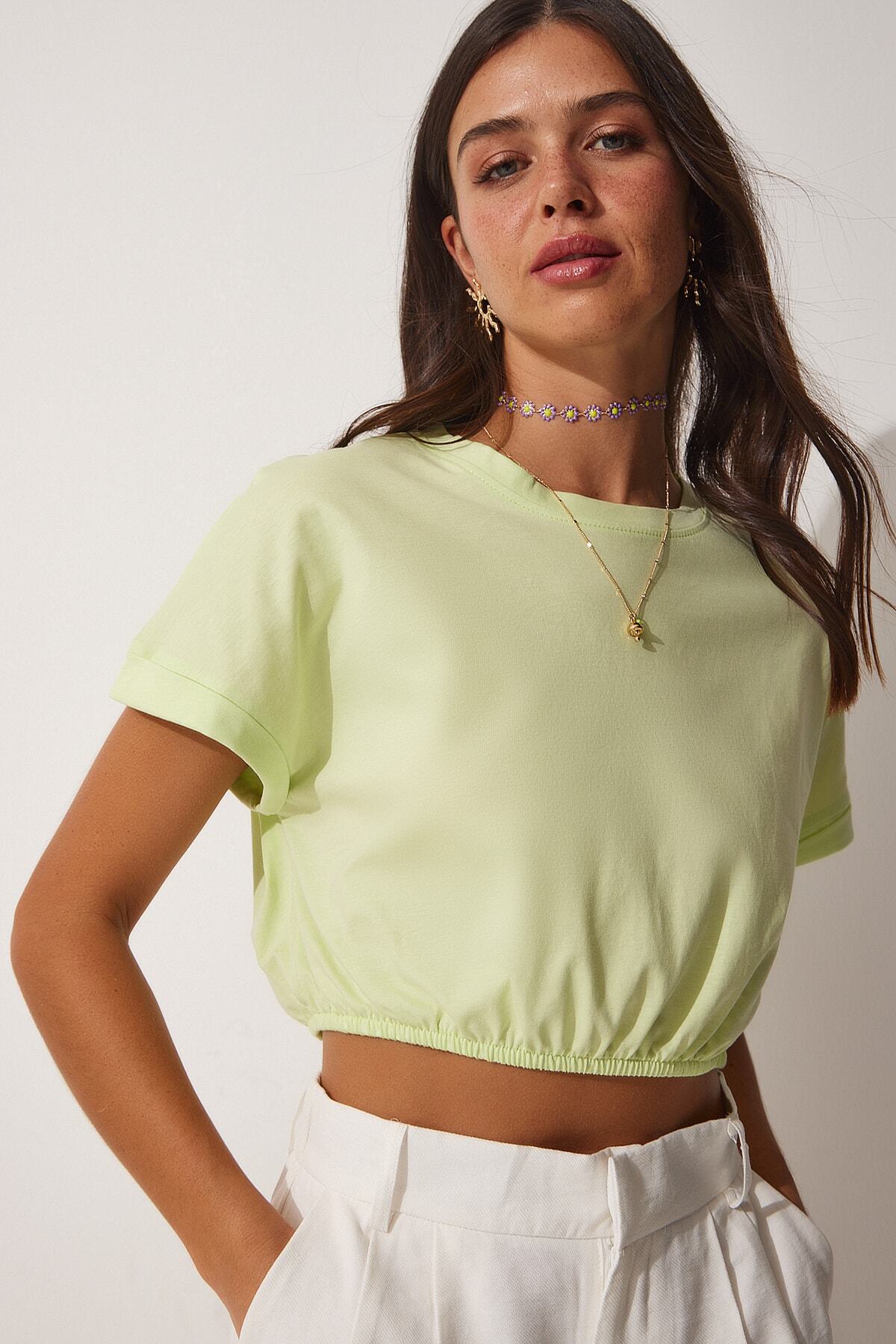 Açık Yeşil Beli Elastik Crop T-Shirt UB00083