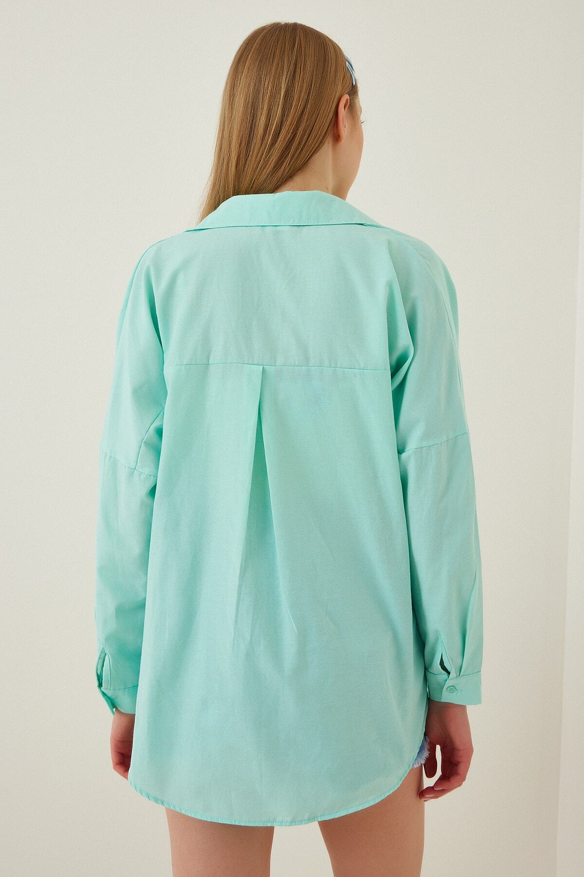 Mint Yeşili Oversize Uzun Basic Gömlek DD00842