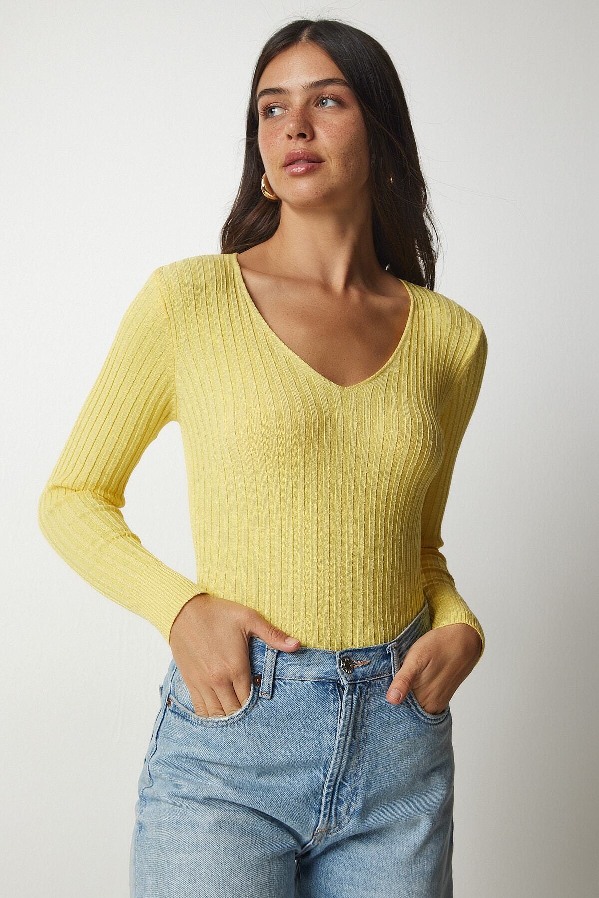 Sarı V Yaka Fitilli Basic Bluz BV00096