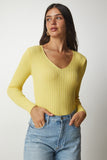 Sarı V Yaka Fitilli Basic Bluz BV00096