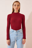 Bordo Balıkçı Yaka Fitilli Örme Bluz GT00054
