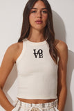 Krem Halter Yaka Nakışlı Fitilli Crop Örme Bluz US00904