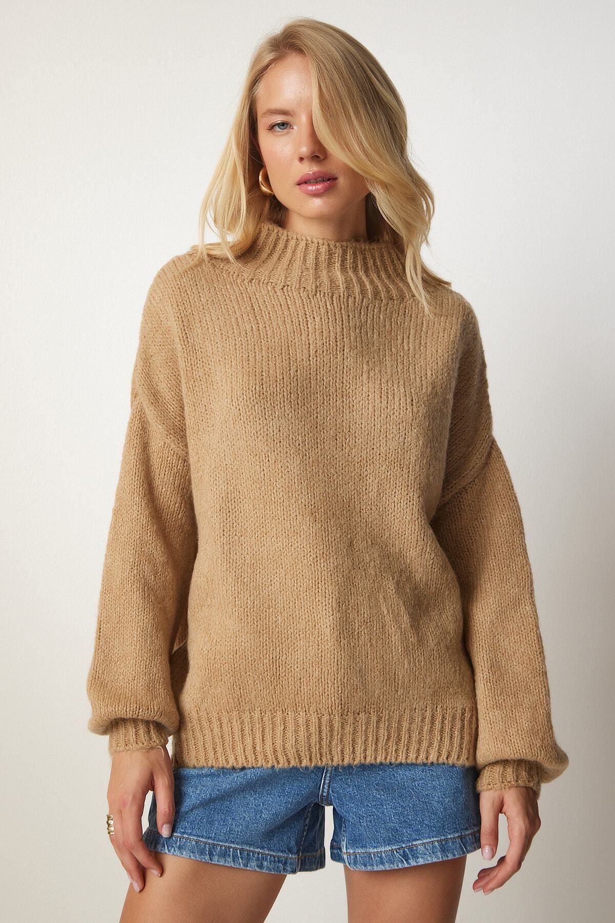 Camel Dik Yaka Basic Triko Kazak MX00127