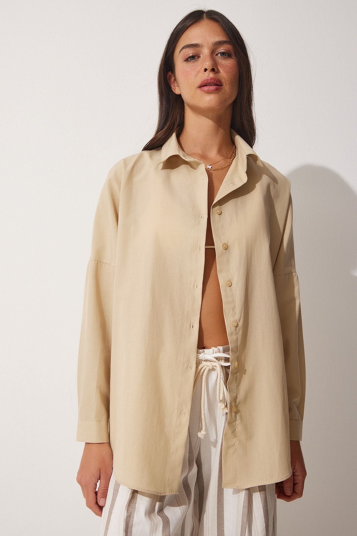 Koyu Krem Oversize Uzun Basic Gömlek  DD00842