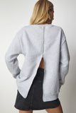 Gri Arkası Fermuarlı Şardonlu Örme Sweatshirt UB00146