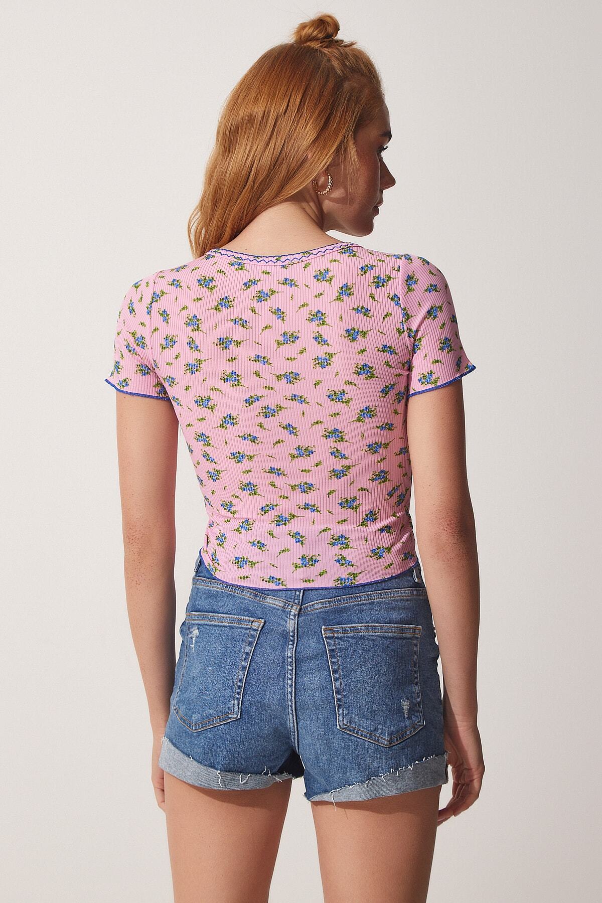 Pembe Çiçekli Büzgülü Crop Örme Bluz UB00086
