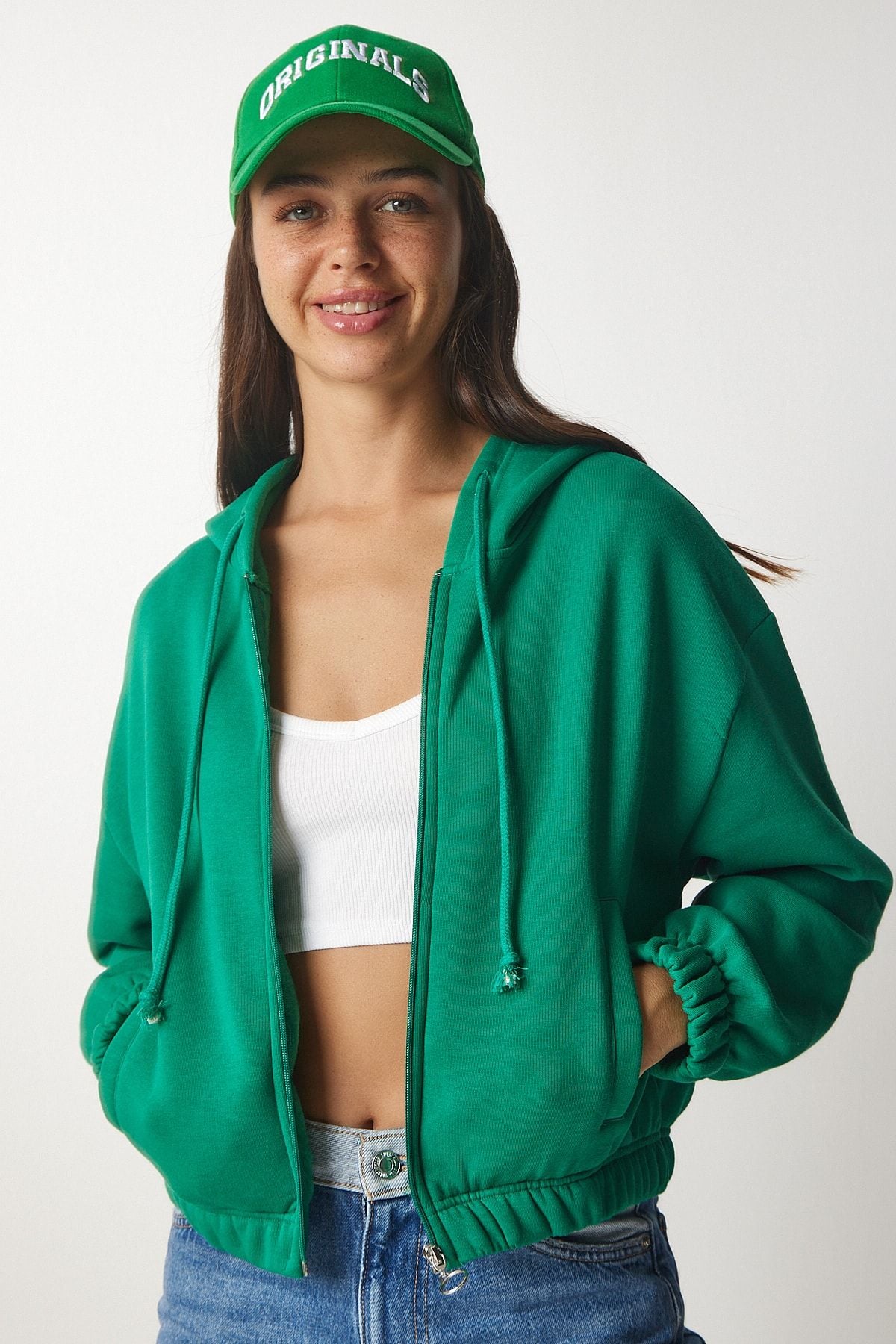 Yeşil Kapüşonlu Şardonlu Sweatshirt UB00126