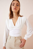 Ekru Derin V Yaka Crop Sandy Örme Bluz BF00050