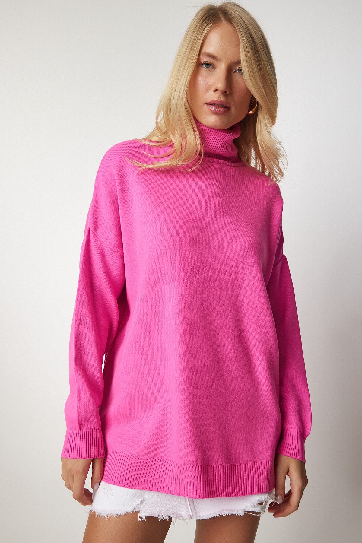 Pembe Balıkçı Yaka Oversize Triko Kazak BV00084