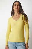 Sarı V Yaka Fitilli Basic Bluz BV00096