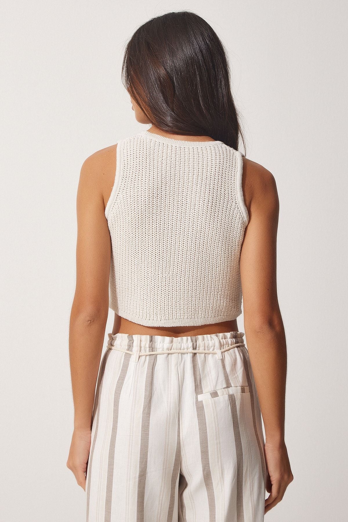 Krem Yazlık Crop Triko Bluz MC00185
