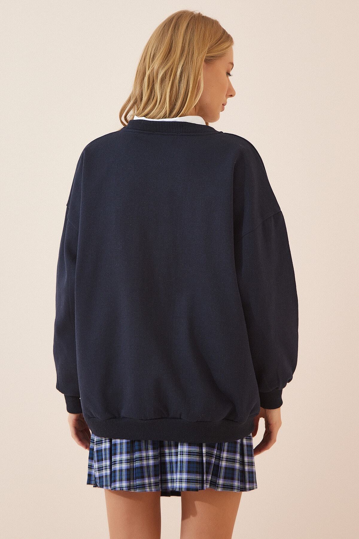 Lacivert Baskılı Şardonlu Örme Sweatshirt DZ00064
