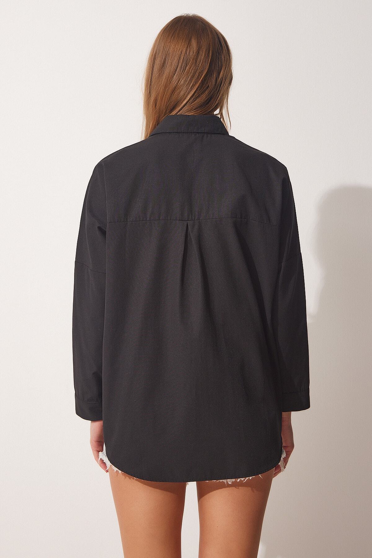 Siyah Oversize Basic Poplin Gömlek BH00420