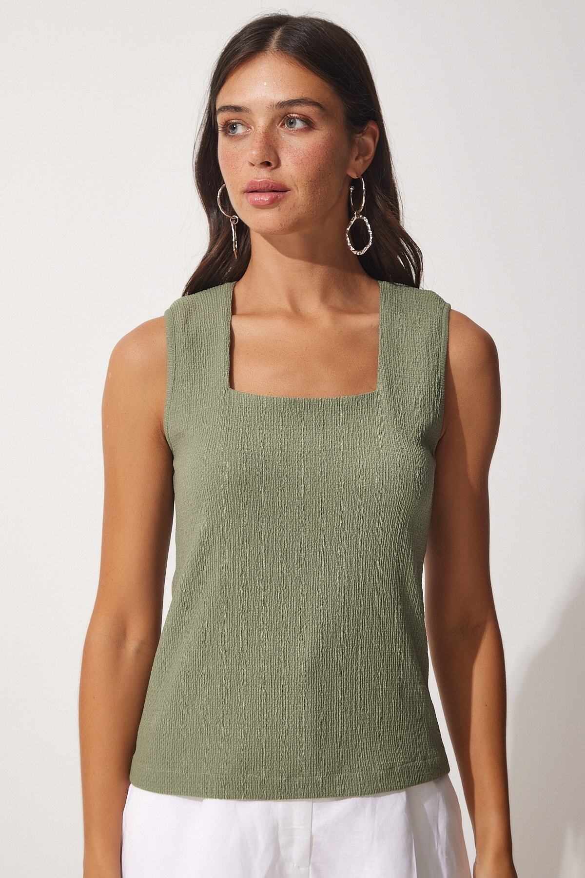 Çağla Yeşili Kare Yaka Örme Bluz DD01200
