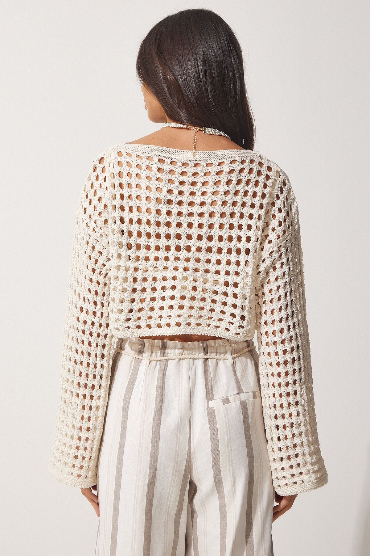 Krem Ajurlu Crop Triko Bluz MC00186
