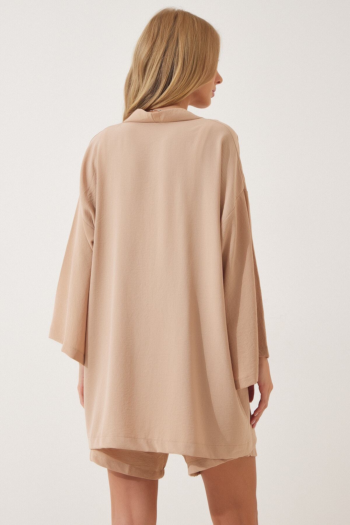 Krem Dökümlü Ayrobin Kimono Şort Takım DZ00053