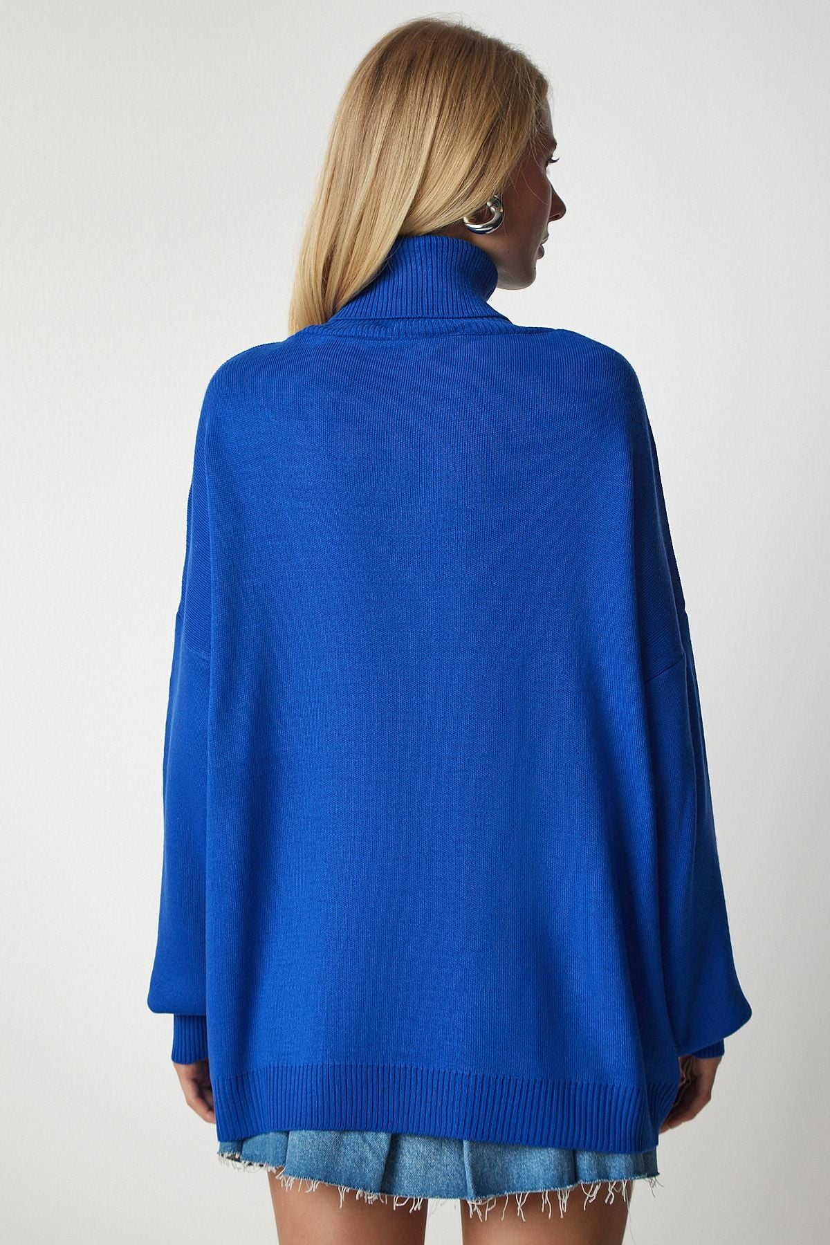 Mavi Balıkçı Yaka Oversize Triko Kazak BV00084