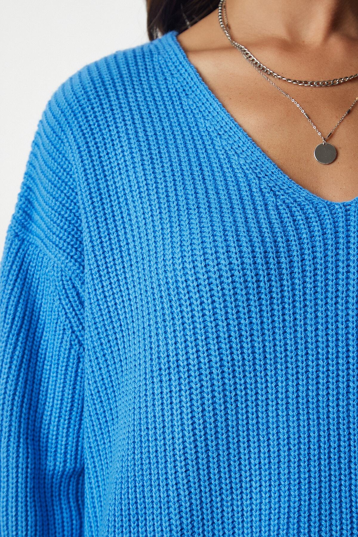 Açık Mavi V Yaka Oversize Basic Triko Kazak MX00130