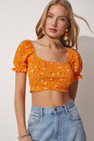 Çiçekli Carmen Yaka Crop Örme Bluz