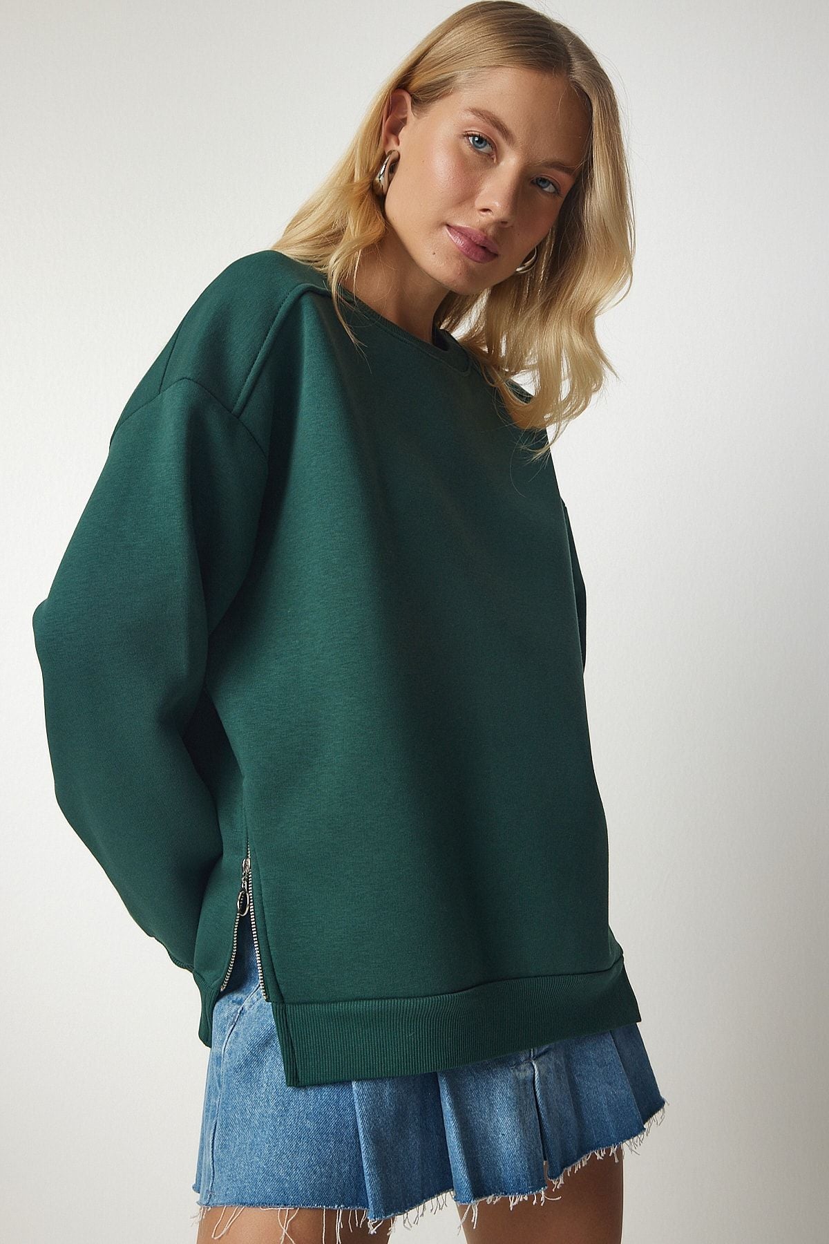 Haki Fermuar Detaylı Şardonlu Örme Sweatshirt UB00148