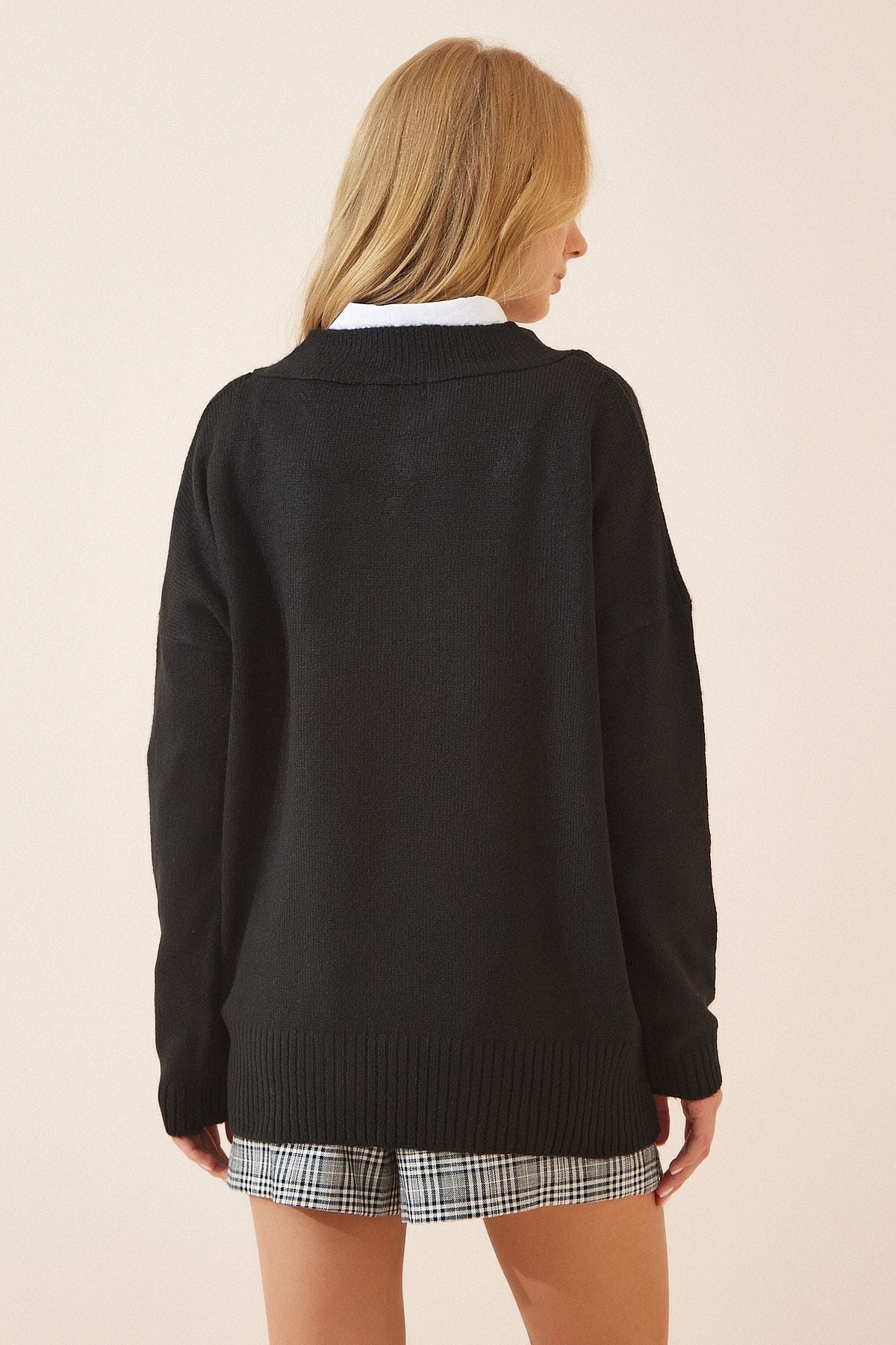 Siyah V Yaka Oversize Triko Kazak  BV00003