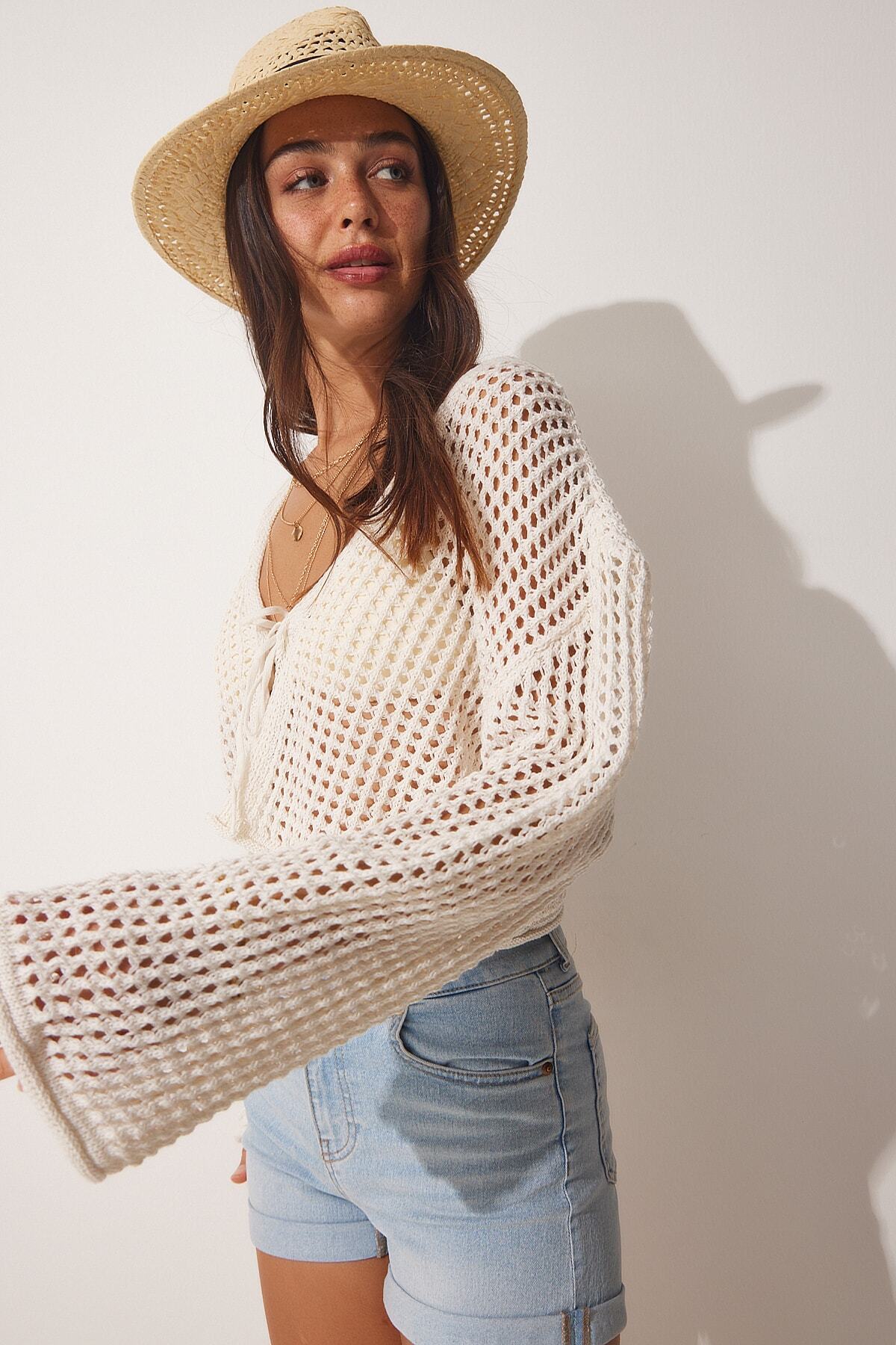 Krem Ajurlu Crop Bolero Triko Hırka MC00192