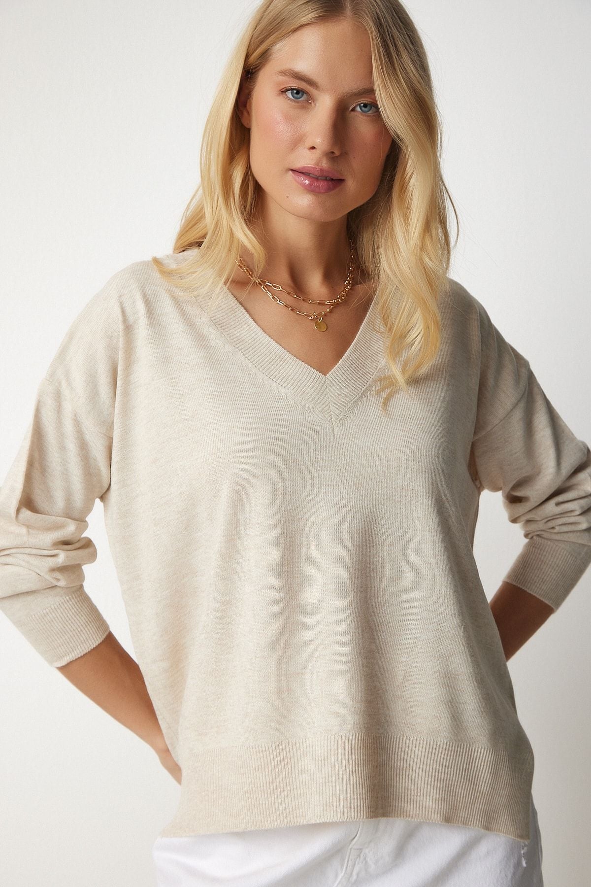 Krem V Yaka Oversize Triko Kazak BV00082