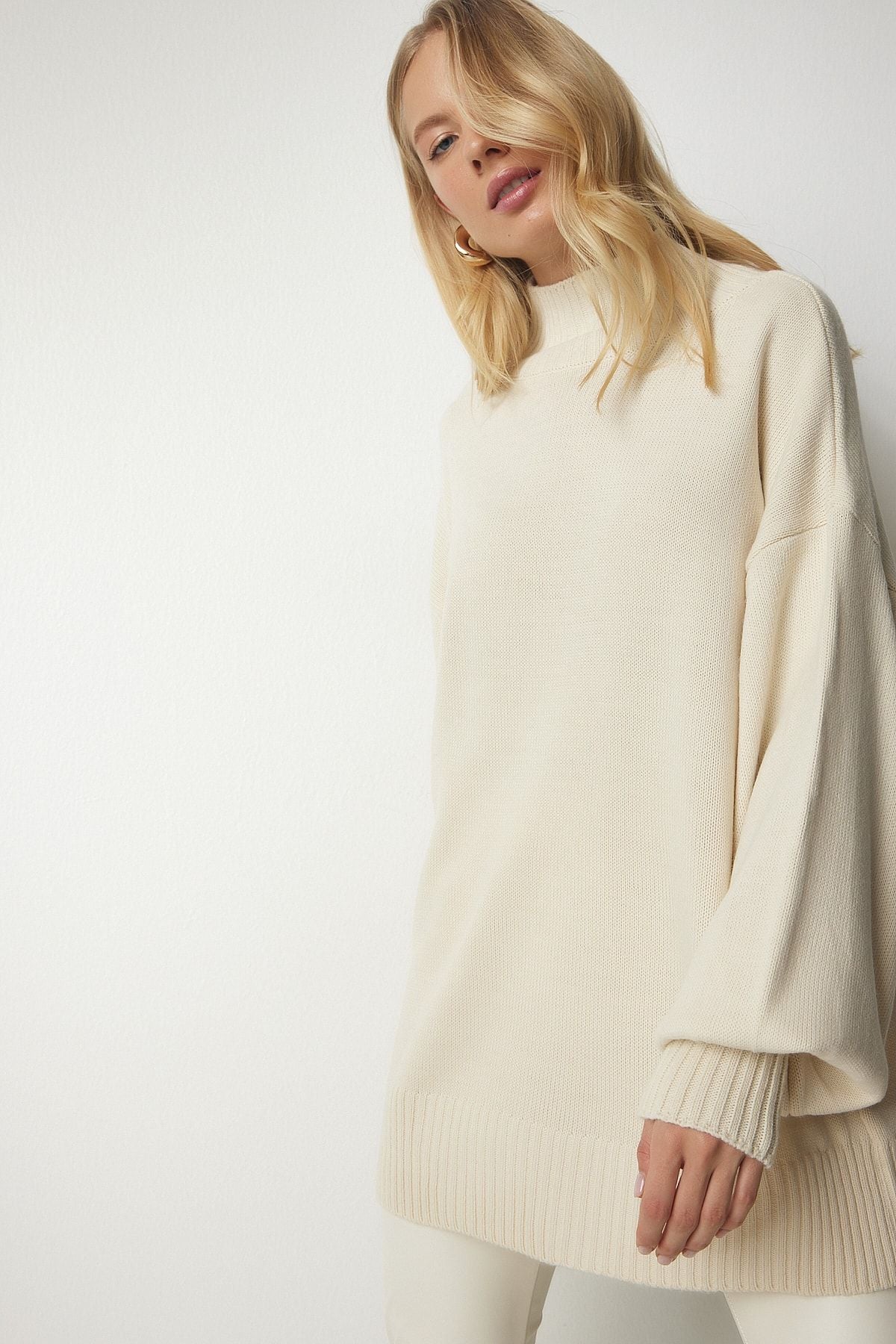 Krem Dik Yaka Oversize Basic Triko Kazak YY00167