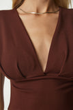 Kahverengi Hafif Dekolteli Crop Bluz CI00087