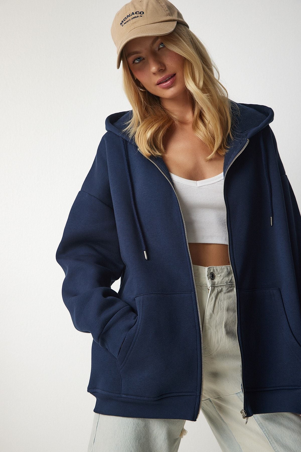 Lacivert Kapüşonlu Fermuarlı Oversize Sweatshirt UB00124