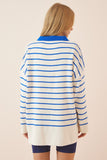 Beyaz Mavi Polo Yaka Çizgili Oversize Triko YY00086