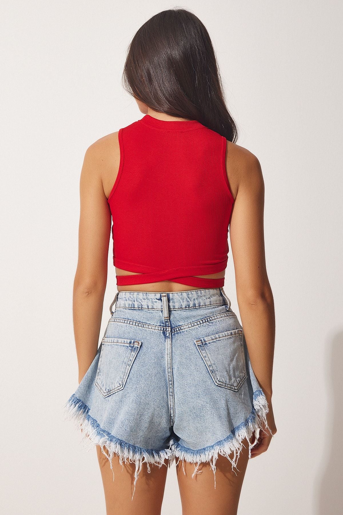 Kırmızı Mavi 2'Li Halter Yaka Fitilli Crop Örme Bluz CE00077