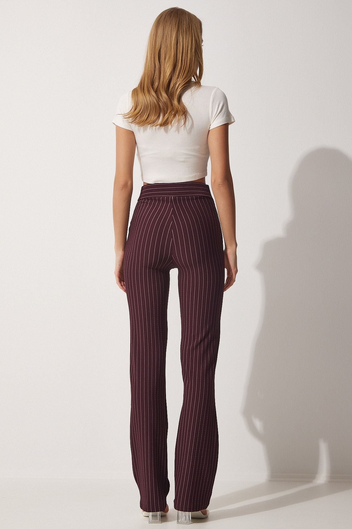 Bordo Yüksek Bel Çizgili Pantolon RV00094