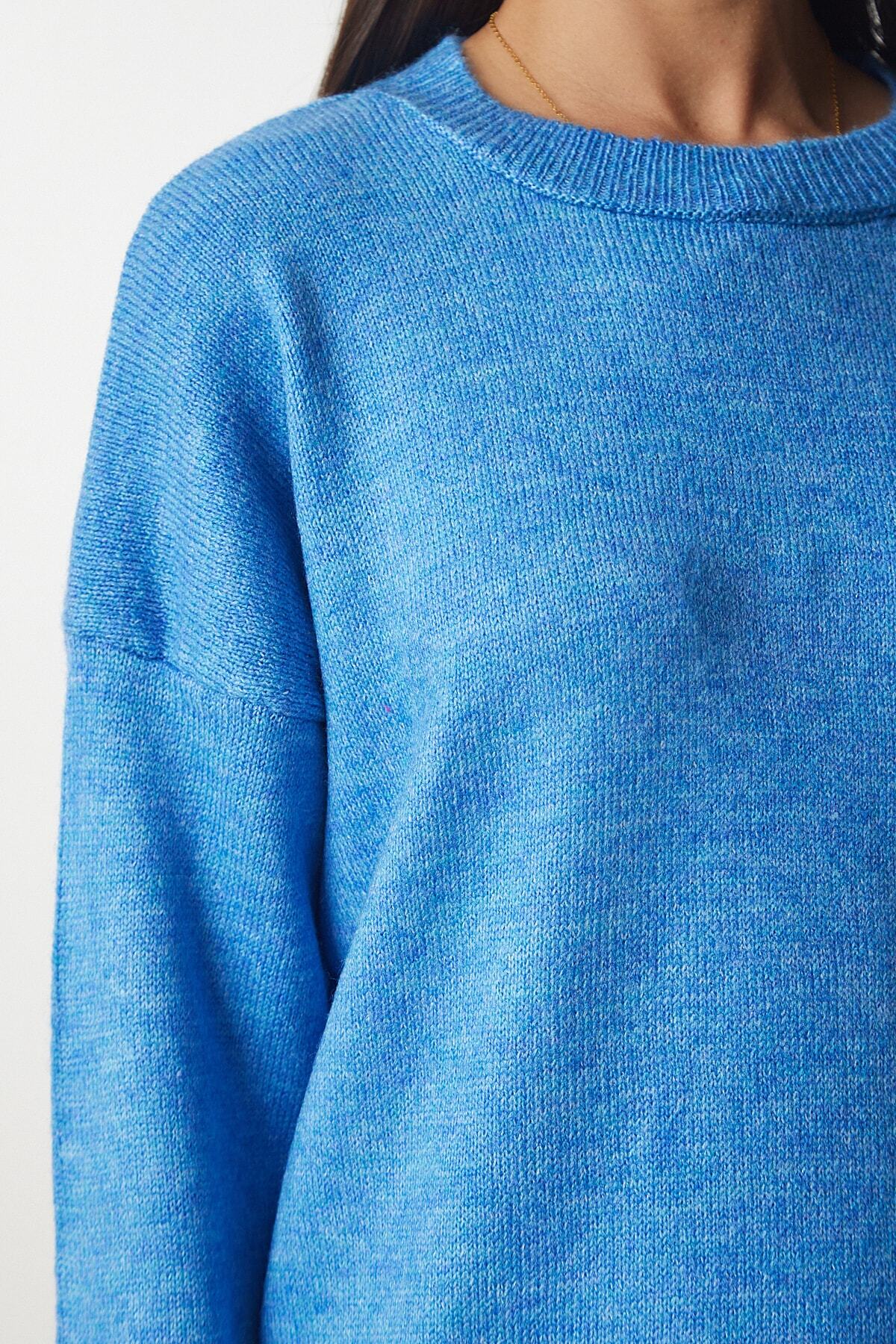 Gök Mavi Bisiklet Yaka Oversize Triko Kazak BV00085