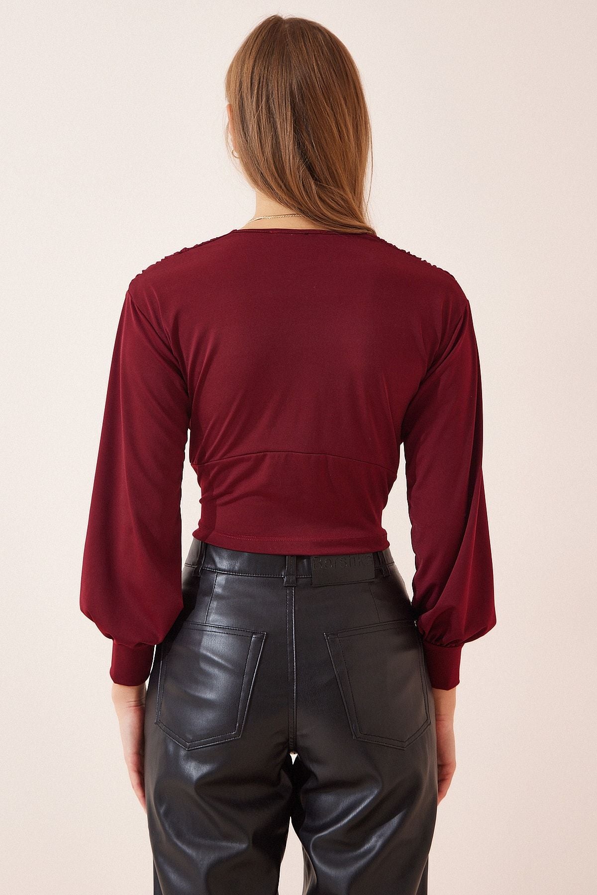 Bordo Derin V Yaka Crop Sandy Örme Bluz BF00050