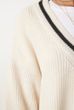Ekru V Yaka Oversize Uzun Triko Kazak  BP00140